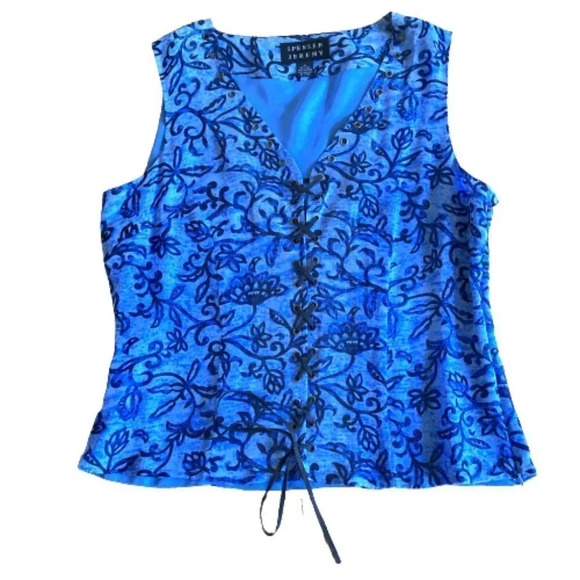Spenser Jeremy Silk Sleeveless Lace-Up Tank Top, Blue Floral, M, NWT - Picture 1 of 8